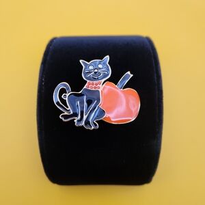 Black Cat with Pumpkin Brooch Enamel